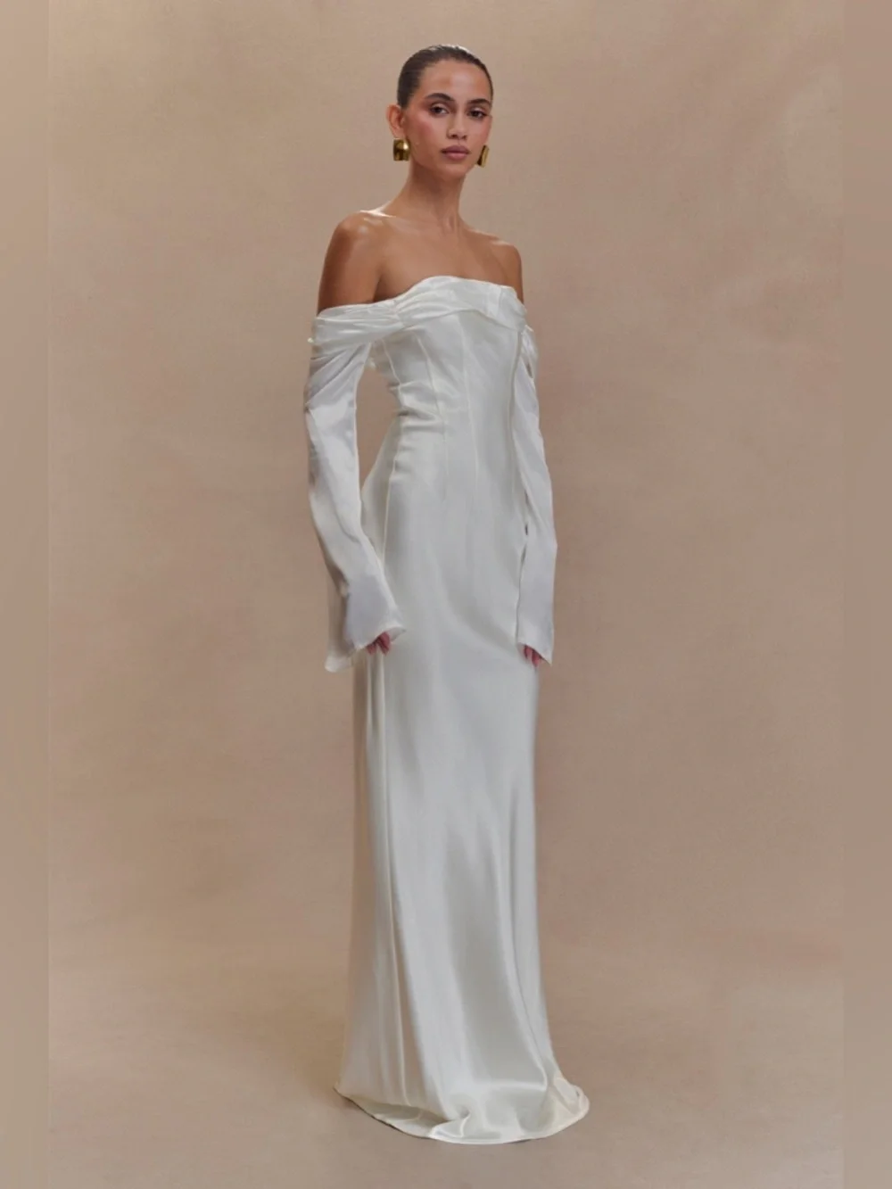 Meshki Giselle Off Shoulder Cowl Neck Maxi Dress - White